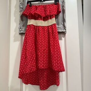 Ocean Drive Large Red w/ White Anchors High Low Strapless Dress with Ruffles
